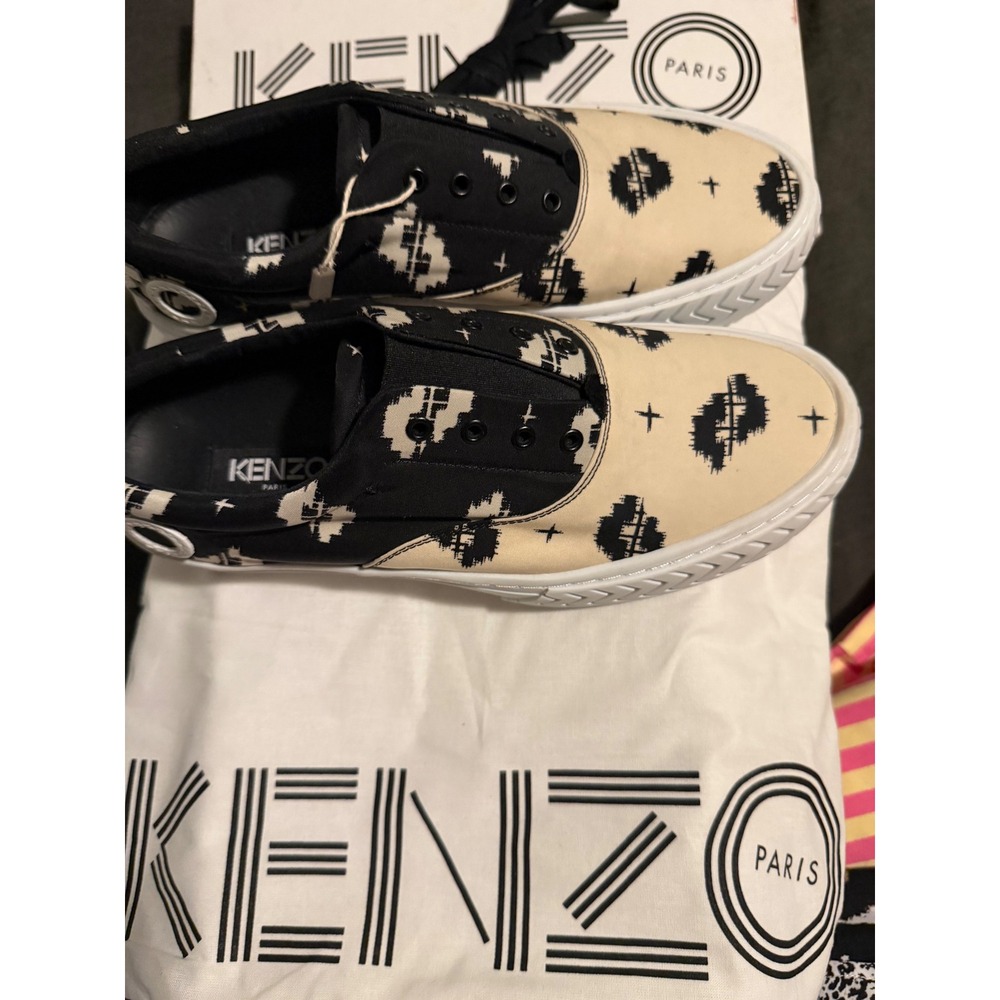 Kenzo K-Skate Lace Up Sneakers Printed Nylon Ikat Noir Black White 39 NEW
